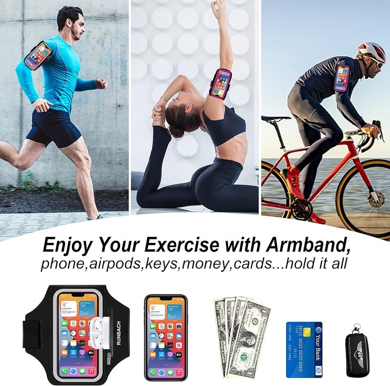 RUNBACH Armband for iPhone 17/17 Pro/16/16 Pro/15/15 Pro/14/14 Pro/13/13 Pro/13 Mini/12/12 Pro/12 Mini/11/11 Pro/XR/XS/X/SE,Water Resistant Armband with Zipper Slot for Airpods and Car Key (Black) - Image 4